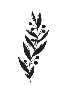 Branch With Leaves And Berries In Black Isolated On White Background. Hand Drawn Vector Silhouette Illustration In Modern Trendy Simple Doodle Outline Style. Floral Trendy Design, Print.