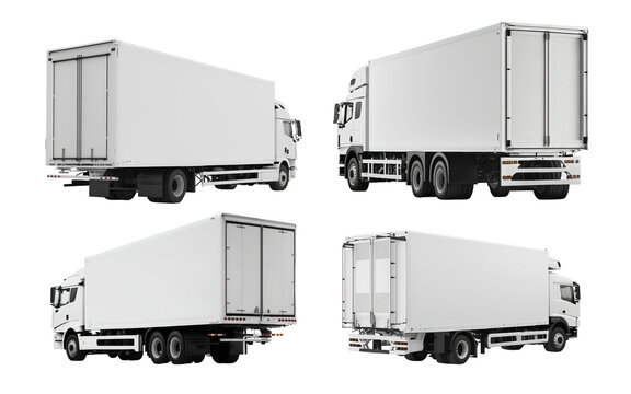 White Truck Side View and Back View, Pickup Truck or Shipping Truck on Transparent Background 