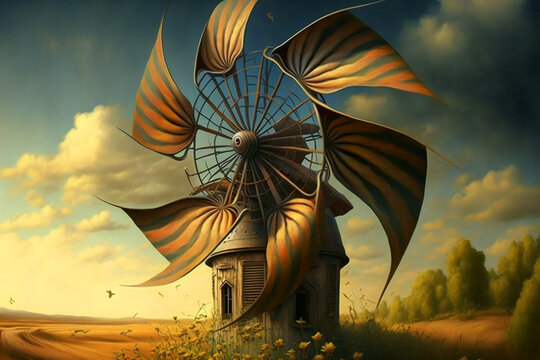  beautiful old windmill with a butterfly. Generative AI	