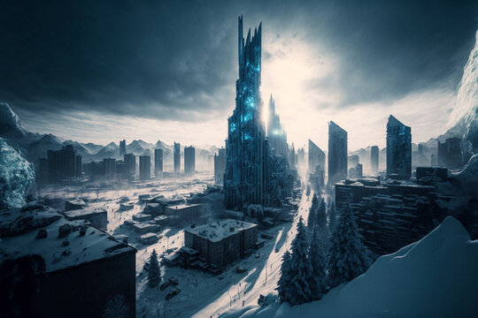 Generative AI illustration of frozen city in winter