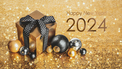Happy New Year 2024! Golden gift box and christmas balls on golden background