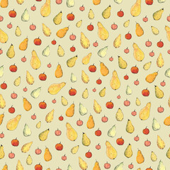 Watercolor seamless hand drawn pattern with autumn harvest: red apples and yellow pears