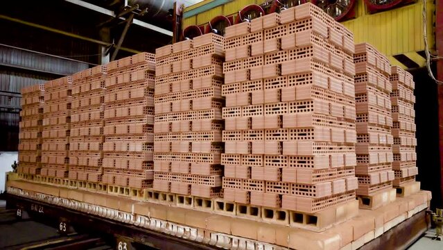 Production of Bricks on Plant. Workflow. Many Bricks.The Brick Kilns.Raw Bricks are Fired in an Oven at High Temperature