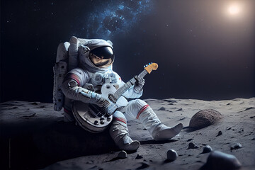 Picture of astronaut with guitar - man or woman in suit with helmet - obrazy, fototapety, plakaty
