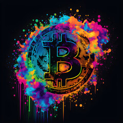 Fototapeta na wymiar Colorful bitcoin illustration, neon splash