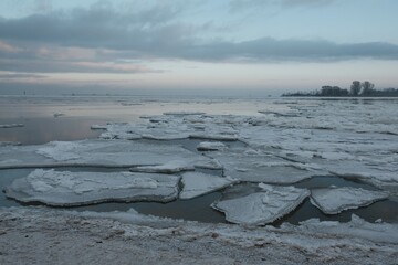 Ice floe on the river. The estuary of  Vistula, Sobieszewska Island, Poland