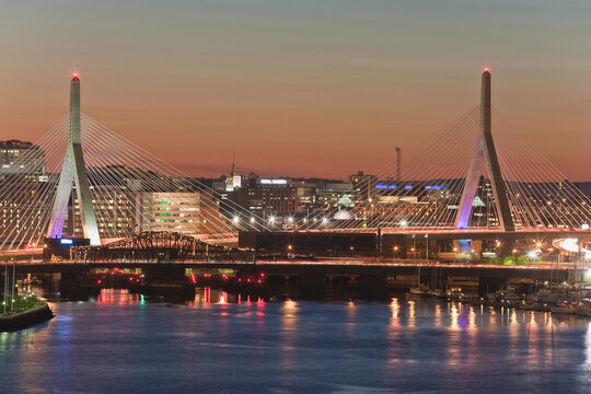 Bridge across a river, Leonard P. Zakim Bunker Hill Bridge, Charles River, Boston, Massachusetts, USA