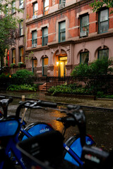 Brownstone house in New York. Typical exterior steps and doors on residential homes in the Chelsea...