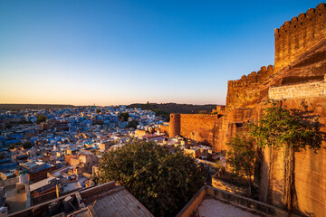 Mehrangarh Fort with Jodhpur blue city at sunset, Rajasthan, India