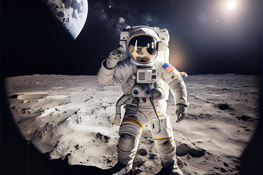 Picture of astronaut - man or woman in suit with helmet at lunar surface