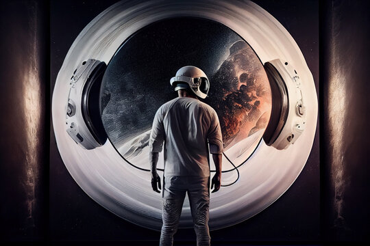 Picture of astronaut - man or woman in suit with helmet, in front of iluminator