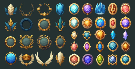 Game ui fantasy frames, rank frames, Ui game borders evolution wooden,medieval ancient facecam menu. A beautiful fantastic children's play template isolated on background. Vector illustration © Zaleman