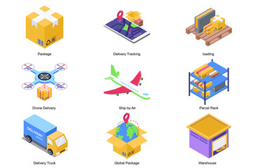 Delivery service concept 3d isometric icons set. Pack elements of package, tracking app, loading, flying drone, airplane, parcel rack, truck, warehouse. Illustration in modern isometry design