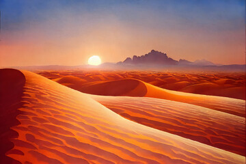 Fototapeta na wymiar Sunset in the hot desert. Watercolor painting.