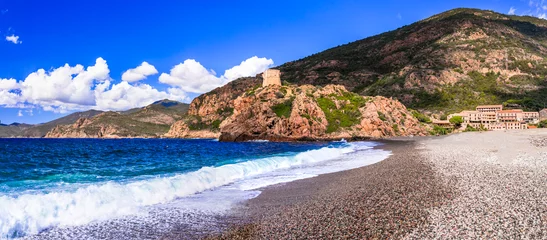 Behangcirkel Corsica island beaches and nature scenery. Tower of Portu - historic Genoese tower and beach in village Ota in west of the island. France © Freesurf