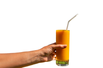 Girl holds in her hand a glass of freshly squeezed juice on png background