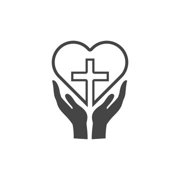 Black Religious cross in the heart inside icon isolated on white background.