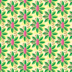 Fototapeta premium seamless floral vector pattern swatch with green leafs, brown hay and pink flower