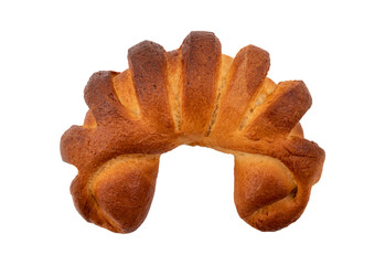 A sweet burger shaped like a bagel on a white background. Homemade baking. Croissant