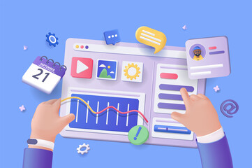 Digital business concept 3D illustration. Icon composition with businessman interact with dashboard with graphs, advertising campaign indicators, clients. Illustration for modern web design