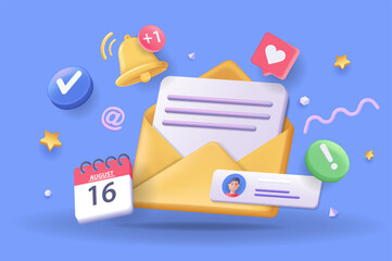 Email service concept 3D illustration. Icon composition with open envelope with letter, reminder, checkmark, calendar date, contact and online communication. Illustration for modern web design