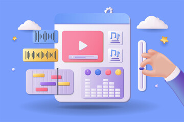 Music video edits concept 3D illustration. Icon composition with computer software or application with buttons for cutting video clip, working with content. Illustration for modern web design