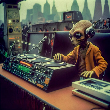 70s Punk Alien At A Dj Booth, Turntables, Vintage, Granular Texture