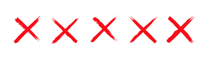 Set of cross signs with grunge. Red cross X mark collection. Red cross signs are isolated on white background. 