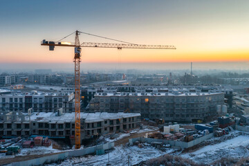 Winter scenery of Pruszcz Gdanski at sunrise with newly built flats. Poland