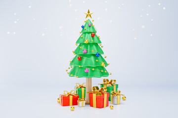 3D Rendering. Celebration concept. The magnificent Christmas tree has many decorations and gift boxes 3d. a festival of boxes of presents. Merry Christmas, Marry New Year, Xmas. on background front
