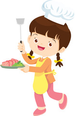 Cooking children girl Little kid making delicious food professional chef