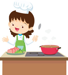 Cooking children girl Little kid making delicious food professional chef