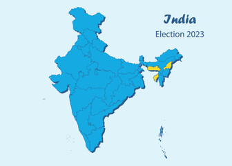 Tripura, Meghalaya and Nagaland highlighted in India map. Assembly election state highlighted 2023.