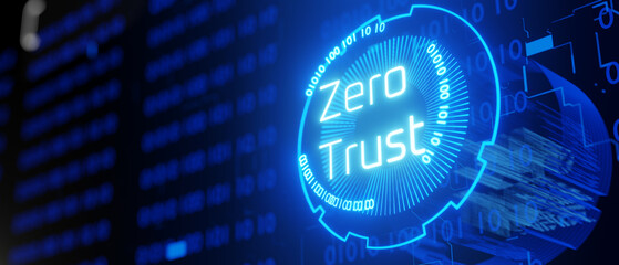 Hologram with the inscription zero trust. Zero trust security model. Secure network. 3d render. - obrazy, fototapety, plakaty