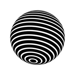 Striped 3D sphere. Ball model. Spherical shape with concentric black and white circles pattern. Orb surface. Globe figure isolated on white background