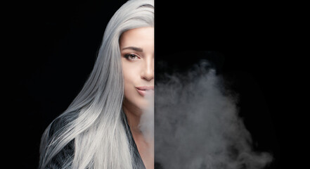 Cropped view of a silver haired woman blowing a big smoke cloud isolated on black bckground with lateral copy space