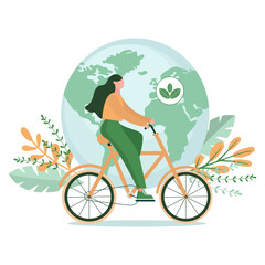 Sustainability illustration. Green energy and eco friendly transportation. Vector illustration. Girl riding a bike.