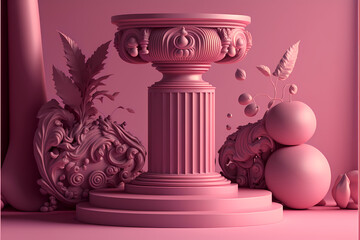 Stage podium scene for product presentation or cosmetic product presentation, on pink background 3D render.
