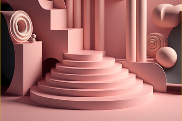 Stage podium scene for product presentation or cosmetic product presentation, on pink background 3D render.