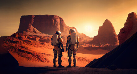 Astronaut on mars the red planet. Landscape with desert and mountains, Colonization of Mars,  generative ai - 555201161