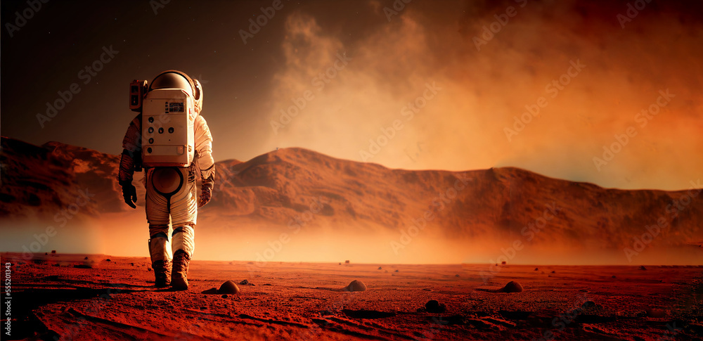 Wall mural astronaut on mars the red planet. landscape with desert and mountains, colonization of mars, generat