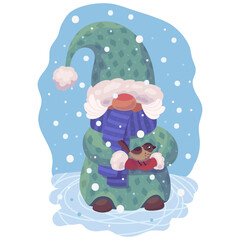 Cute Christmas gnome boy in green clothes and a cap on a winter background under snowfall with a sparrow bird in his hands, vector graphics for Merry Christmas and Happy New Year greetings