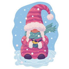 Cute Christmas gnome girl with braids in pink clothes and a cap on a winter background under snowfall with a tit bird in her hands, vector graphics for Merry Christmas and Happy New Year greetings