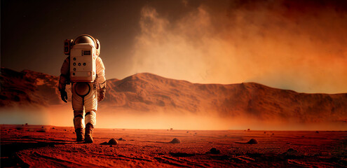 Astronaut on mars the red planet. Landscape with desert and mountains, Colonization of Mars,  generative ai - 555201343