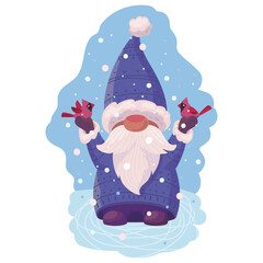 Cute Christmas gnome with a beard in a cap on a winter background under snowfall with cardinal birds, vector graphics for Merry Christmas and Happy New Year greetings