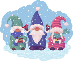 Three cute Christmas gnomes with birds cardinal, titmouse and sparrow under snow in winter, vector graphic for Merry Christmas and Happy New Year greeting cards