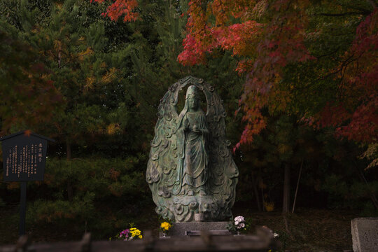 This image shows a religious statue surrounded by autumn colored leaves.