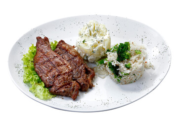 Beef steak with potatoes and rice in isolated white background
