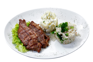 Beef steak with potatoes and rice in isolated white background