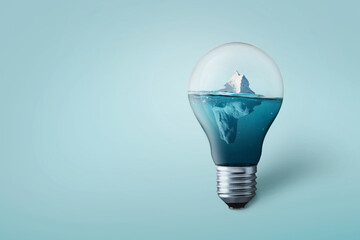 Creative light bulb with iceberg and water, concept. Melting glaciers and technology. Save energy.
